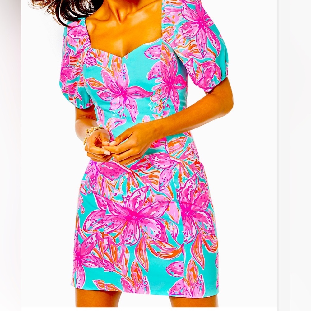 NWT $198 Lilly Pulitzer Lunetta Stretch Dress Surf Blue Bonita Blooms